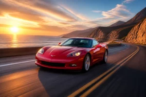 Corvette c6 rouge au coucher de soleil
