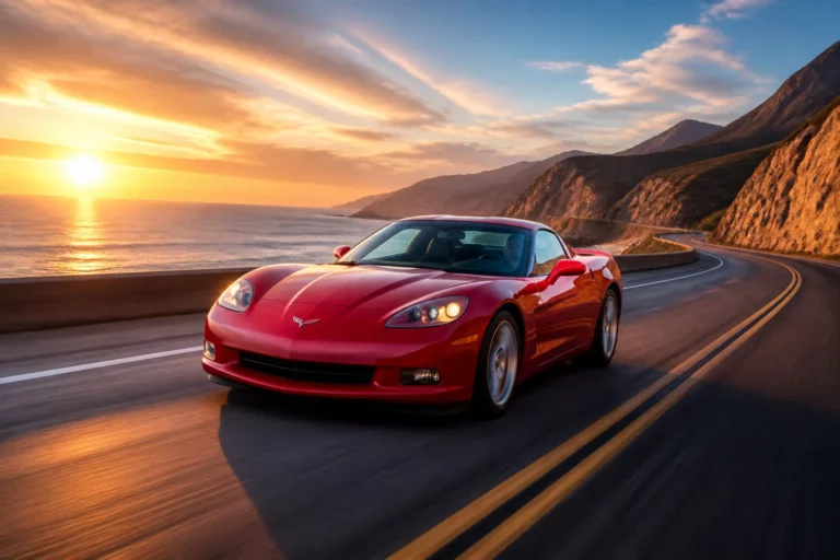 Corvette c6 rouge au coucher de soleil