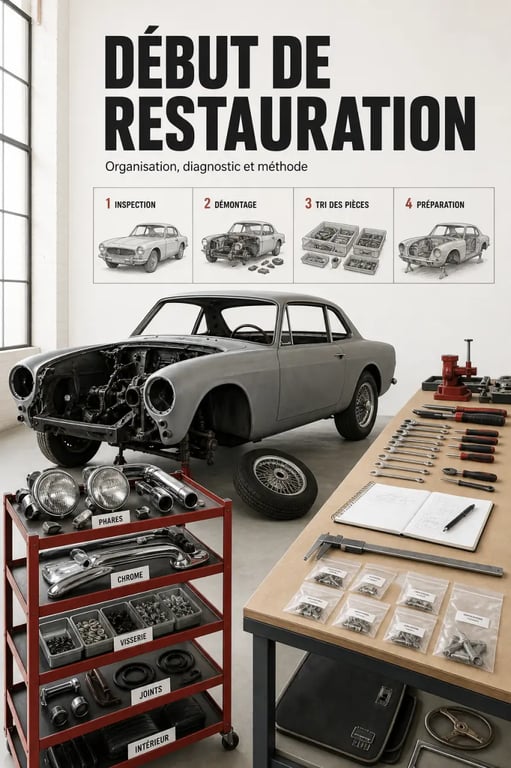 Comment bien débuter une restauration de voitures anciennes : voiture ancienne en atelier avec démontage, inspection et tri des pièces