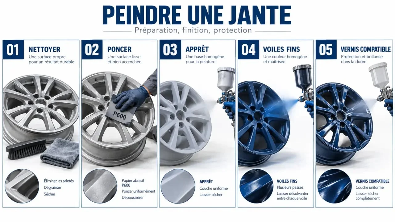 Étapes de peinture sur jante avec nettoyage, ponçage, apprêt, peinture et vernis