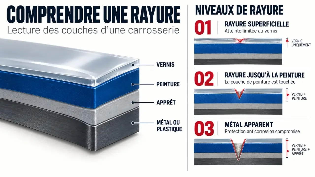 Comment enlever une rayure sur voiture : schéma des couches de carrosserie et des profondeurs de rayure