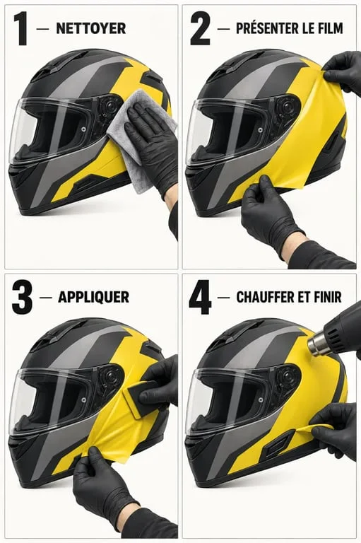Étapes de pose d’un covering casque moto sur une coque intégrale