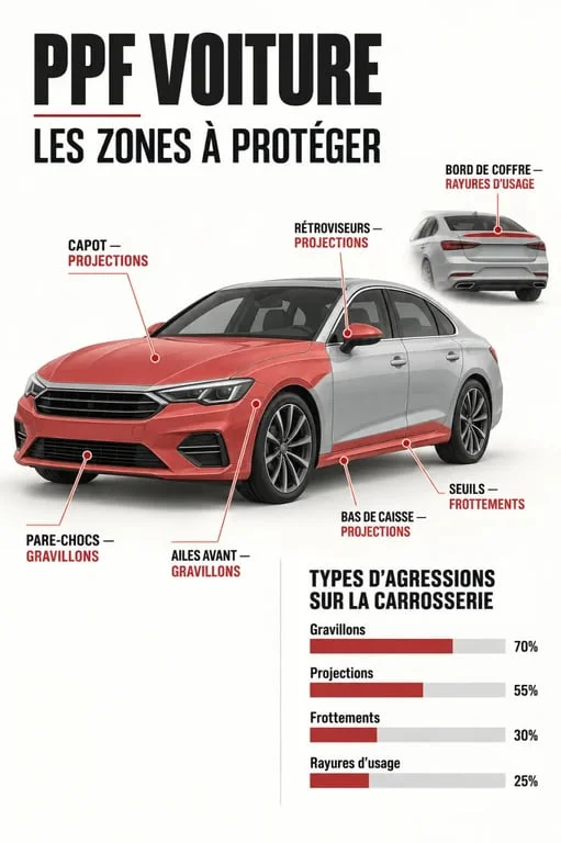 Infographie des zones protégées par un PPF voiture et des risques associés