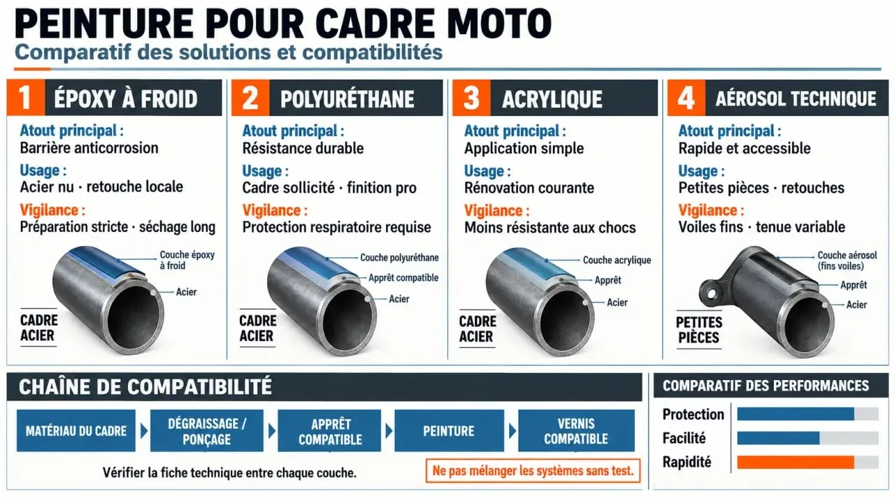 Comparatif de peinture pour cadre moto selon le type de revêtement et le matériau du cadre