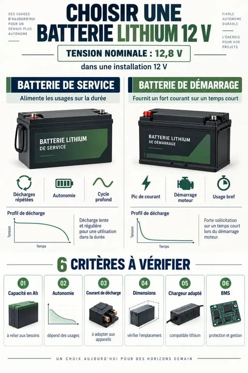Infographie de choix d’une 12v lithium batterie selon l’usage, l’autonomie et le courant