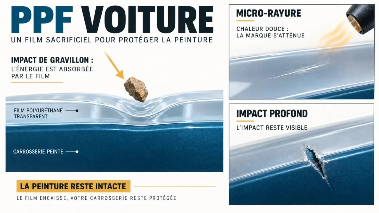 Schéma du fonctionnement et des limites d’un PPF voiture auto-cicatrisant