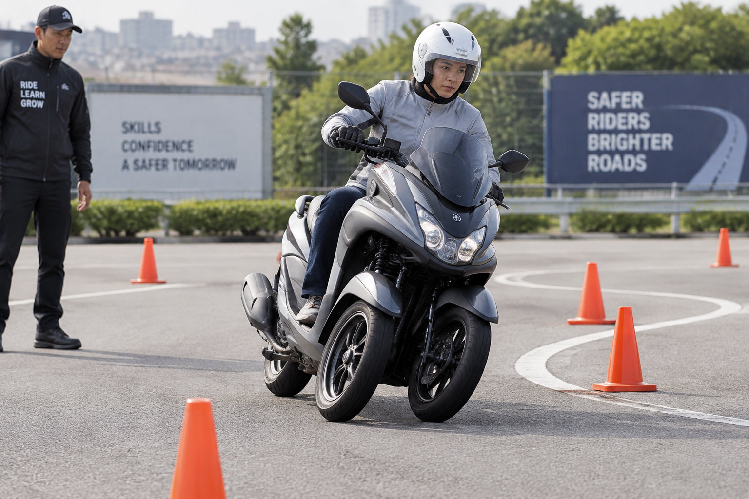 Un élève s’exerce au freinage et aux trajectoires sur un scooter à trois roues pendant une formation pratique.