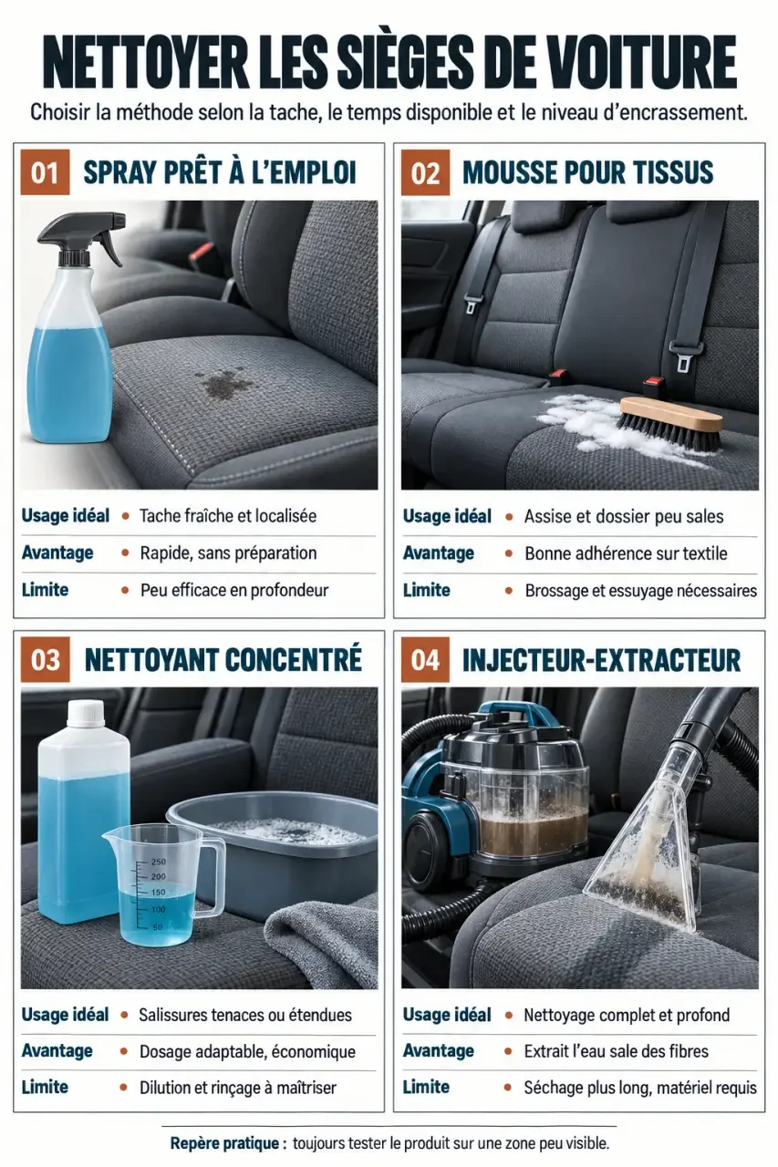 Infographie sur le nettoyant siège auto selon le type de solution et l’usage