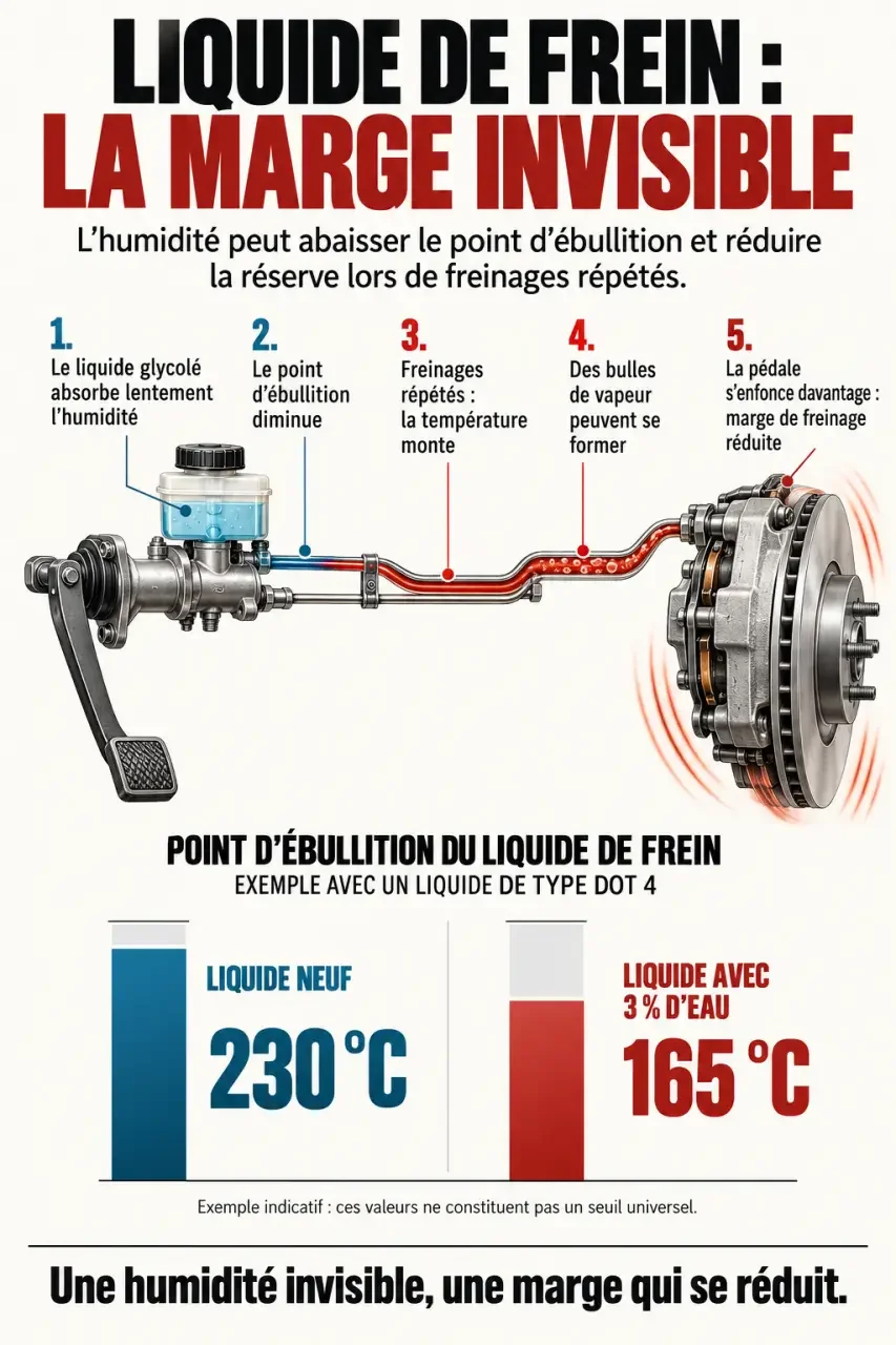 Liquide de frein : pourquoi le changer tous les 2 ans ? Schéma de l'humidité, de la vapeur et de la perte de freinage