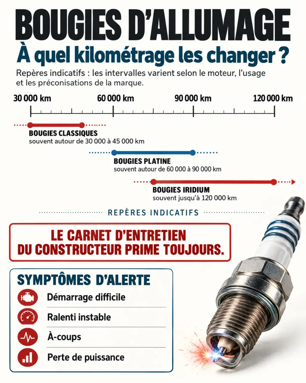 Bougies d’allumage : à quel kilométrage les changer ? Repères de remplacement et rappel du carnet constructeur
