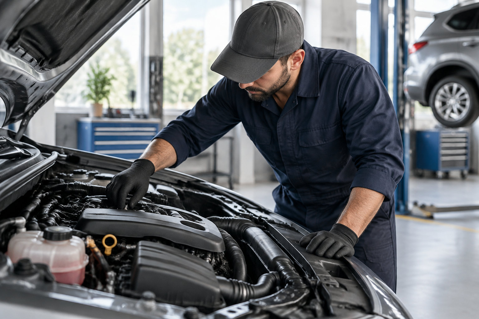 Un mécanicien en tenue de travail inspecte le moteur d’une voiture dans un garage.