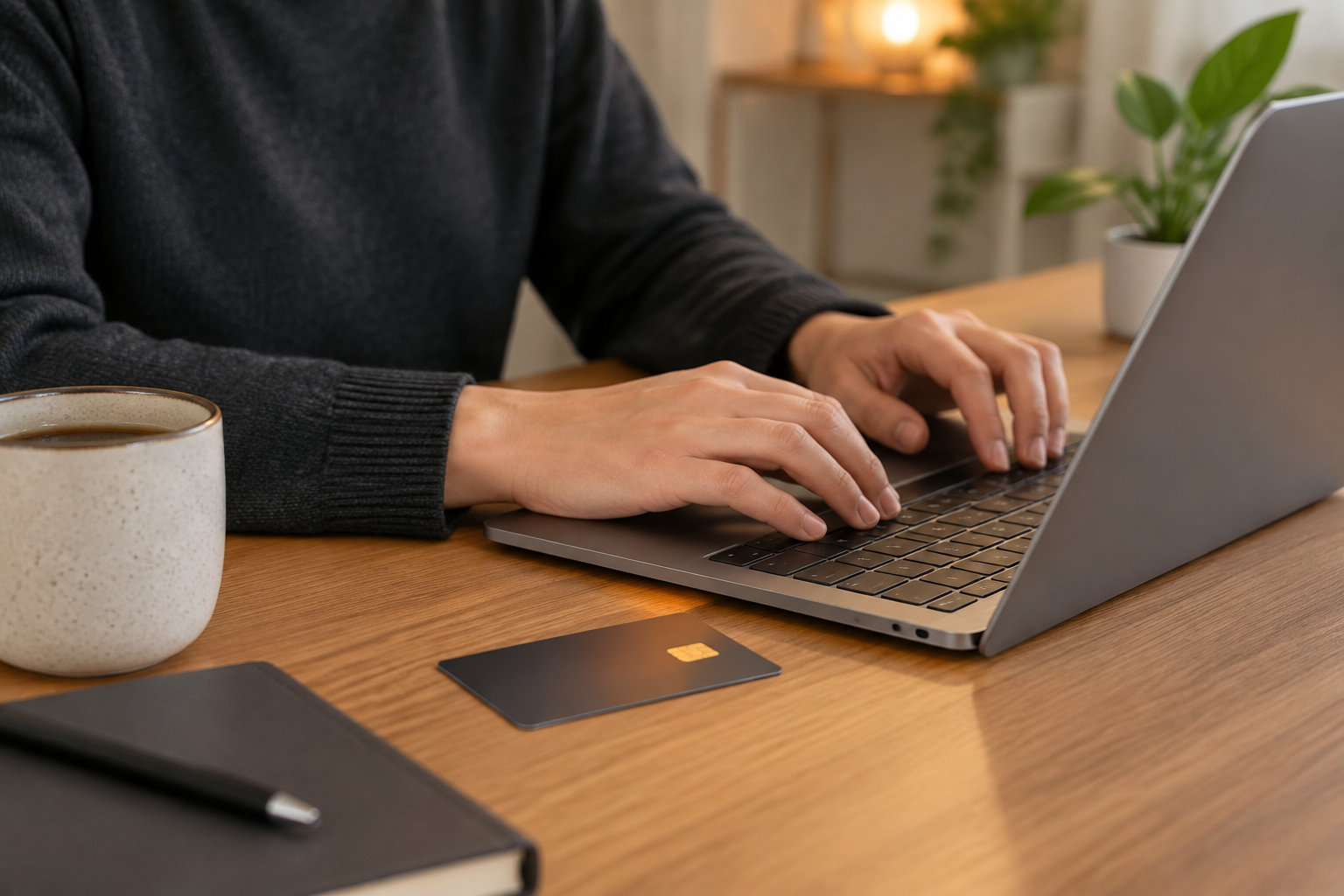 Une personne tape sur un ordinateur portable posé sur un bureau en bois, près d’une tasse, d’une carte et d’un carnet.