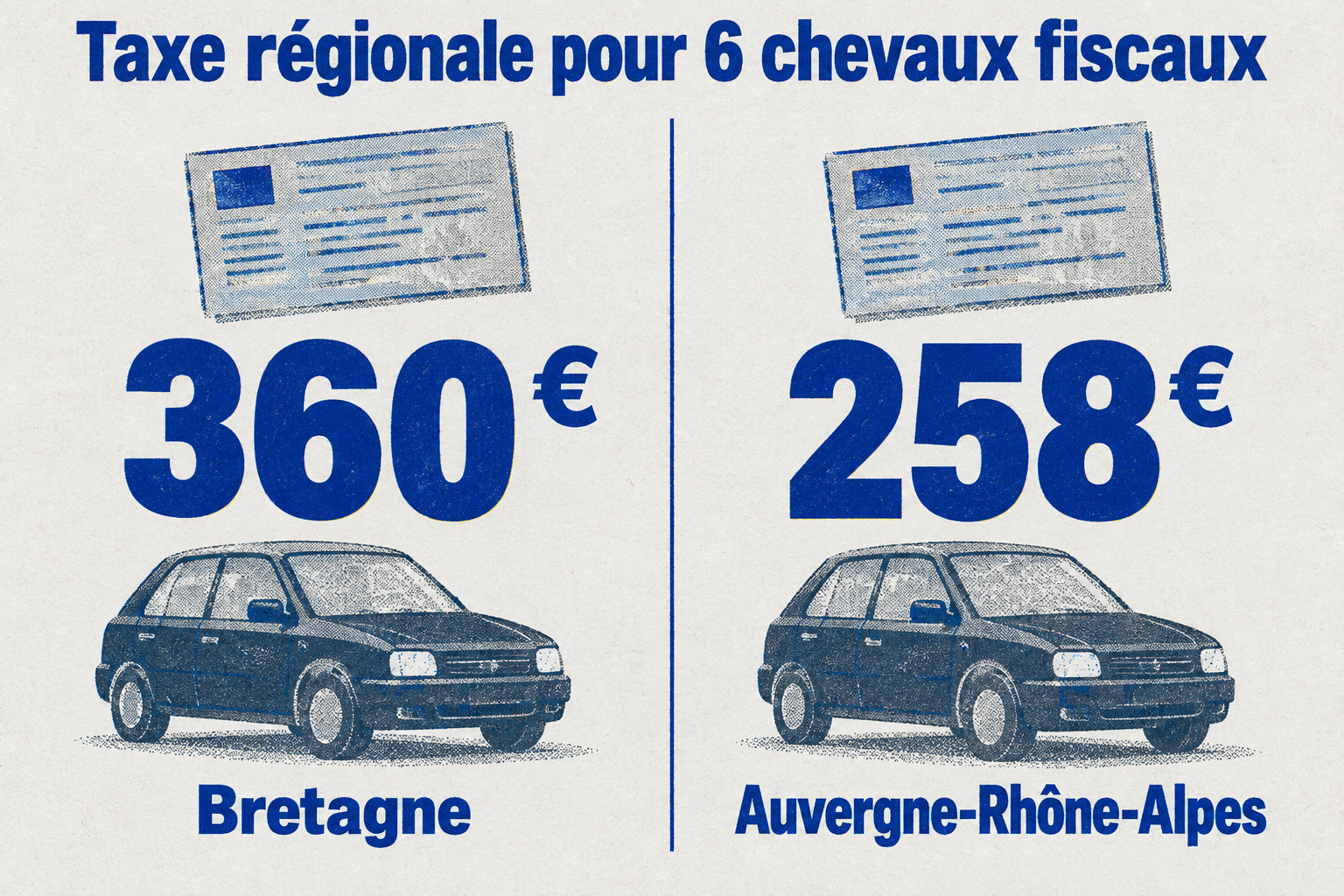 Pour une voiture de 6 chevaux fiscaux, la taxe régionale est de 360 € en Bretagne et de 258 € en Auvergne-Rhône-Alpes.